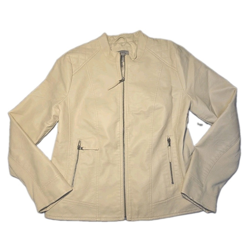 GH Bass Jacket Large L Cream Off White Faux Leather Full Zip Moto Bomber
